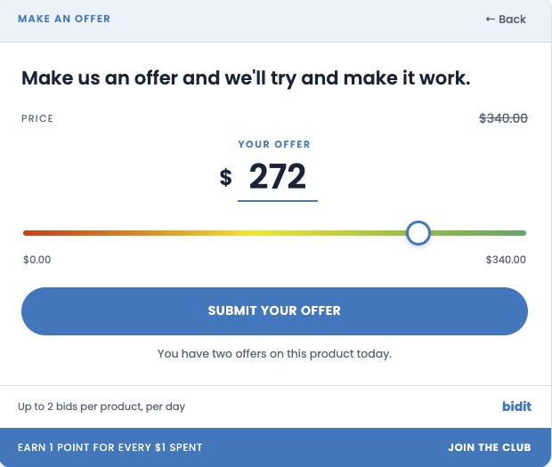 The Bidit make an offer window on the Pace Athletic site